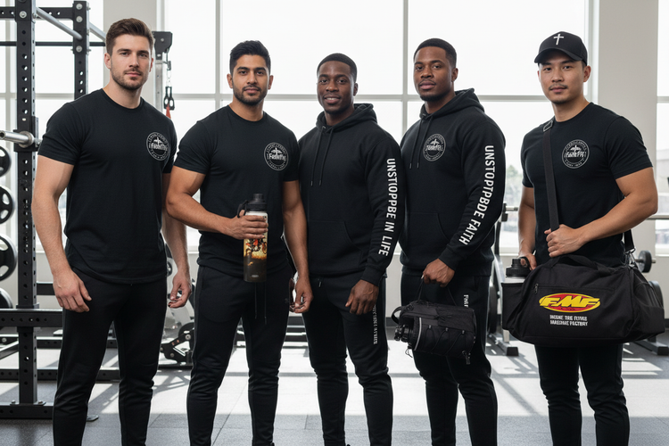 Men's Activewear collection image showing diverse men wearing FaithFit hoodie, t-shirt, joggers, cap with cross, and holding dirtbike tumbler, viral gym bag, and FMF bag