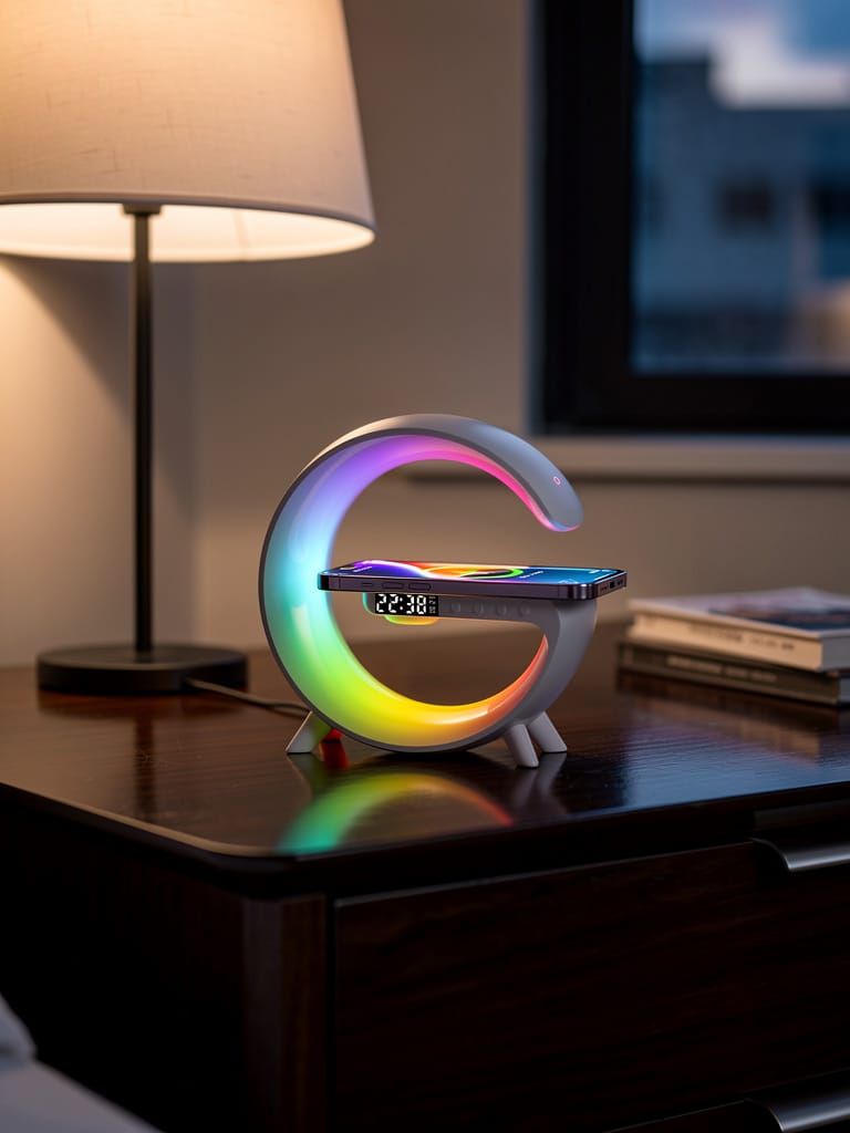 Wireless Speaker, Charger & Night Light with Dimmable Sunrise Alarm Clock