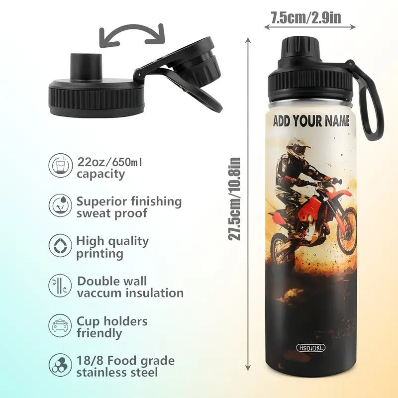 Personalized Motorcycle Tumbler with Dirt Rider Design - Spill-Proof Lid, BPA-Free Stainless Steel Cup, 22oz Capacity, Durable & Reusable