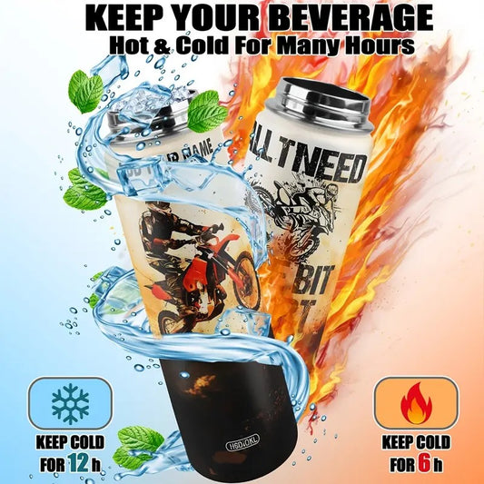 Personalized Motorcycle Tumbler with Dirt Rider Design - Spill-Proof Lid, BPA-Free Stainless Steel Cup, 22oz Capacity, Durable & Reusable