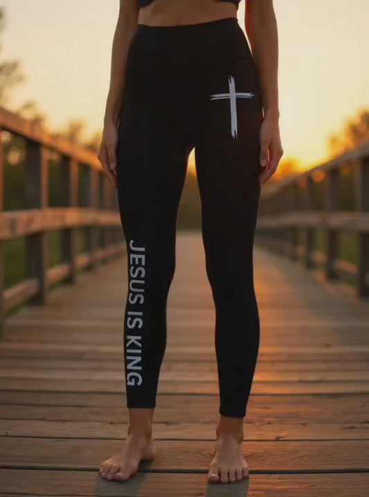 FaithFit Women’s Active Leggings – “JESUS IS KING” | High-Performance, Faith-Inspired Gym Wear