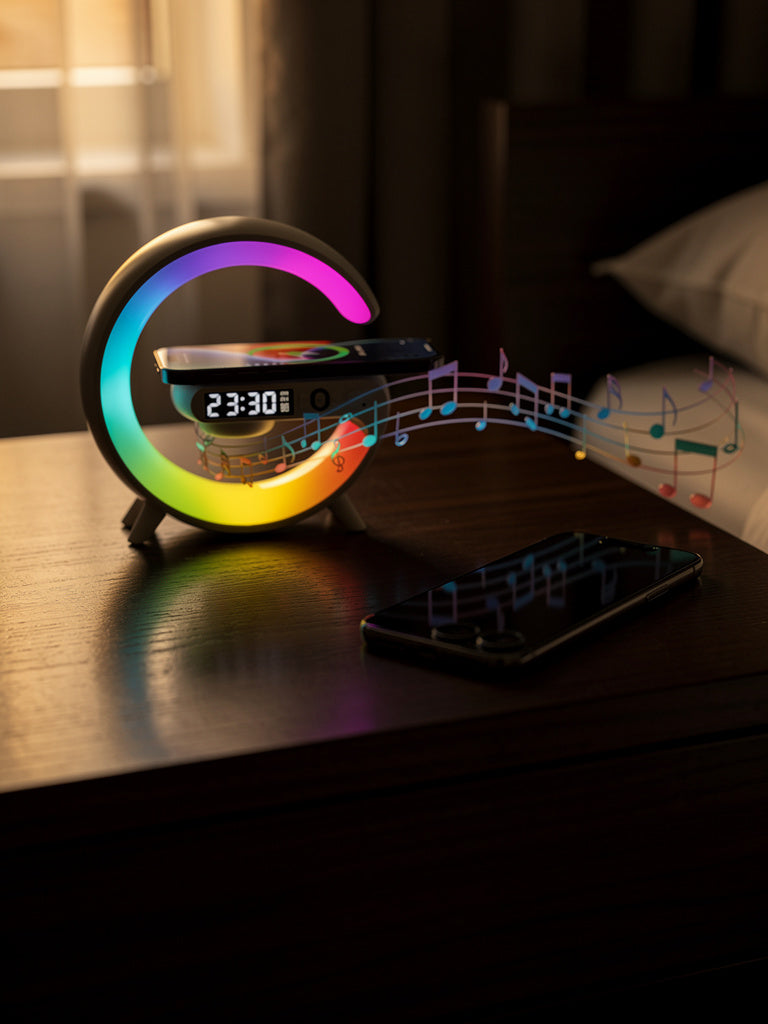 Wireless Speaker, Charger & Night Light with Dimmable Sunrise Alarm Clock